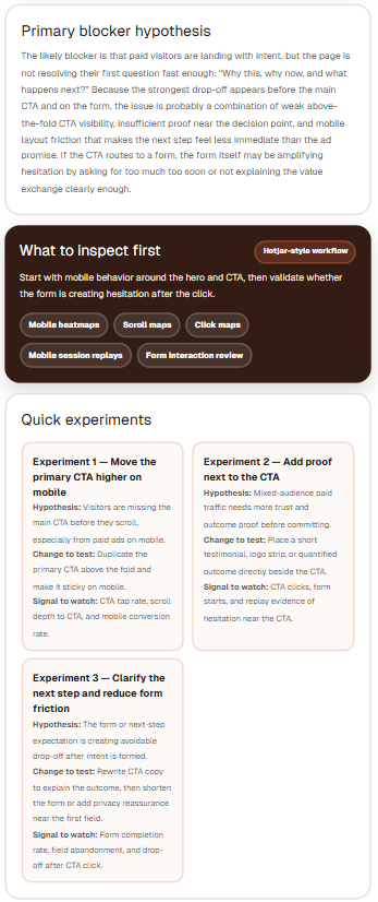 Hotjar Conversion Analyzer output — primary blocker hypothesis, inspection plan and quick experiments