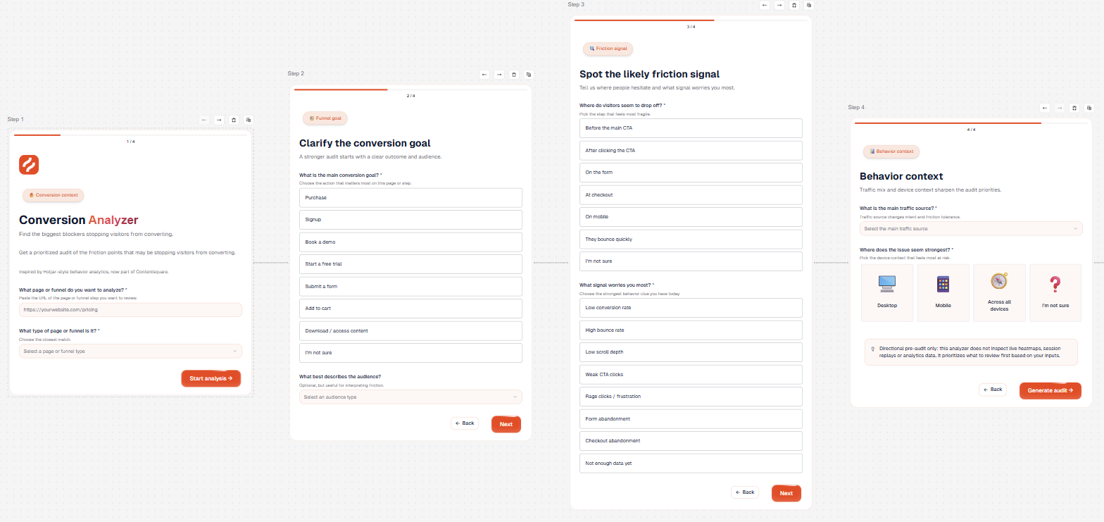 Hotjar Conversion Analyzer question sequence — conversion context, funnel goal, friction signal and behavior context.