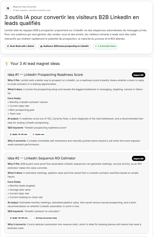 Magnetly Lead Magnet Ideas Generator output — three AI lead magnet ideas with form fields, AI output, SEO keyword, build difficulty and quick-win badges