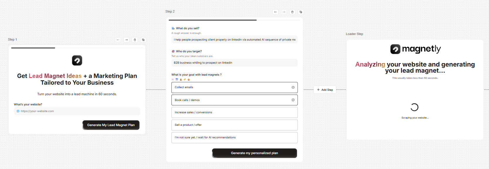 Magnetly Lead Magnet Ideas Generator question sequence — step 1 website URL, step 2 offer / target / goal, loader step generating the personalized plan.