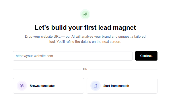 Magnetly start screen — create a lead magnet from a URL, a template, or from scratch.