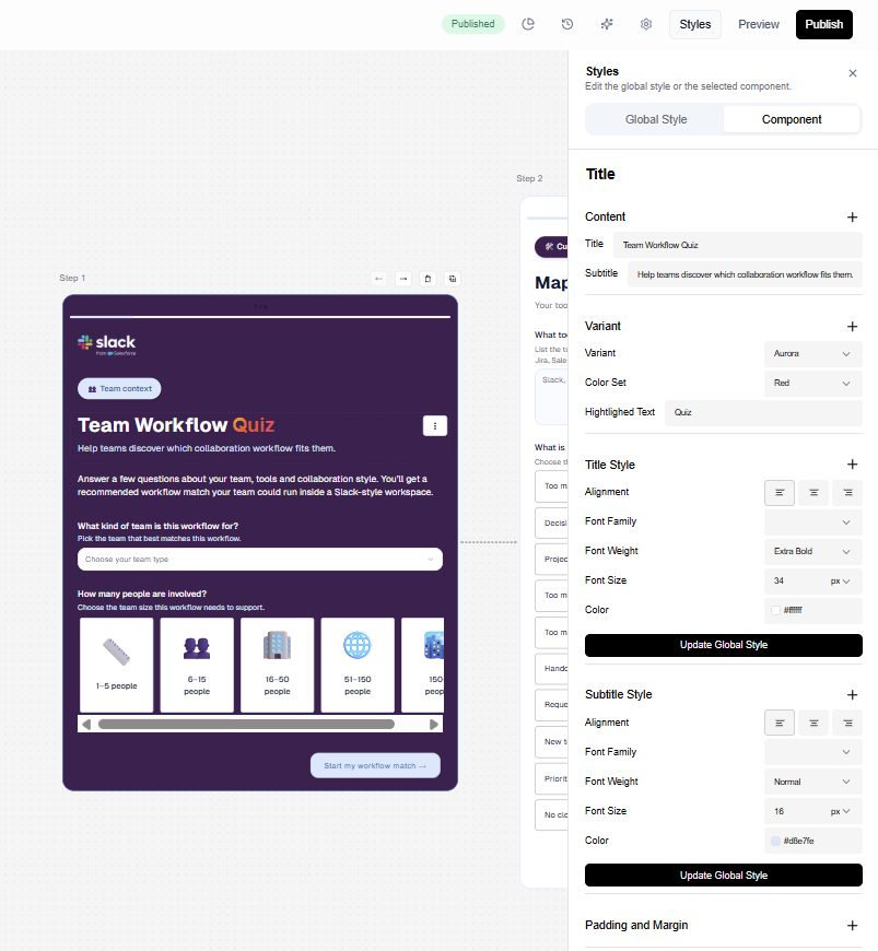 Magnetly style editor · customize colors, typography and components for each step.