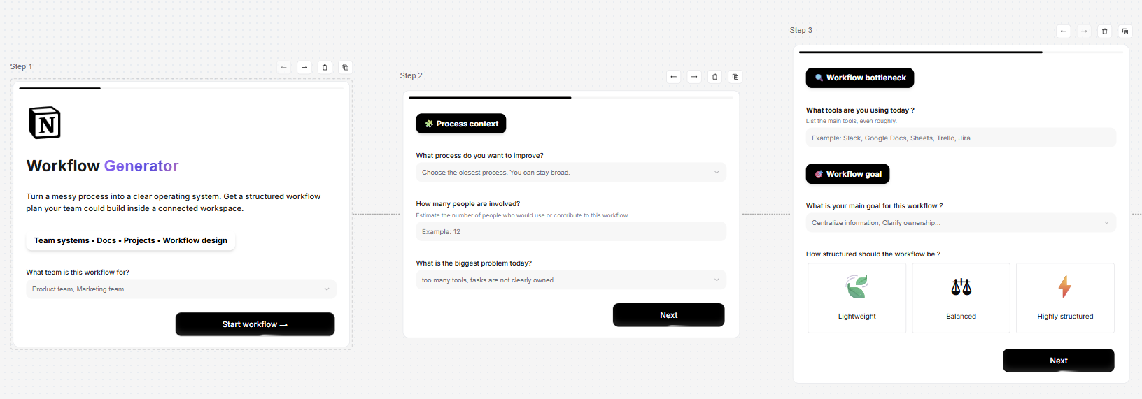 Notion Workflow Generator question sequence — team, process context and workflow bottleneck steps.