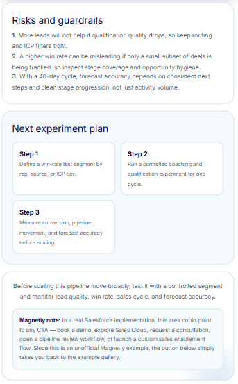 Salesforce Pipeline Simulator output — risks, guardrails, next experiment plan and Magnetly note