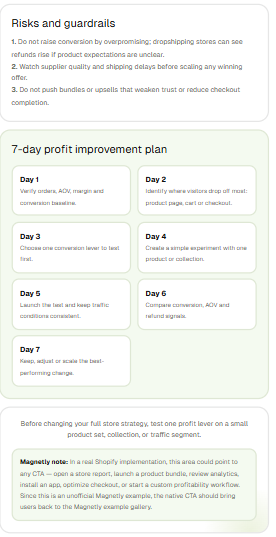 Shopify Profit Margin Calculator output — risks, guardrails, 7-day plan and Magnetly note