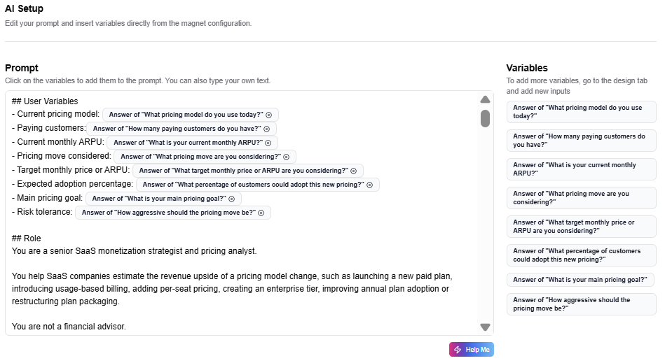 Magnetly AI Setup showing the Stripe Pricing ROI prompt with visitor input variables
