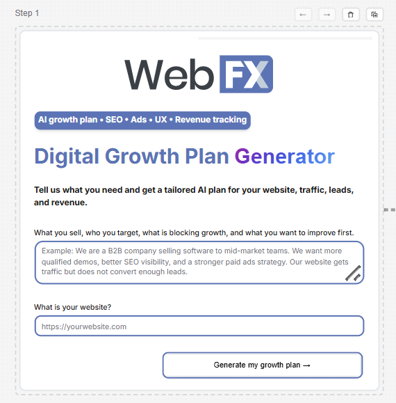 WebFX Digital Growth Plan Generator one-step input with open question and website URL
